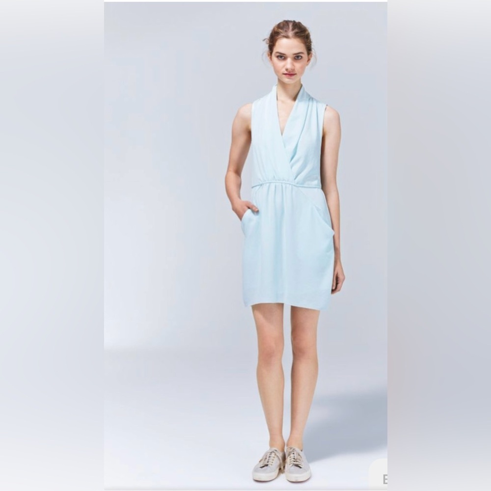 Aritzia Wilfred Sabine Faux Wrap Tie Pockets Dress Preppy Minimalist Min Blue XS